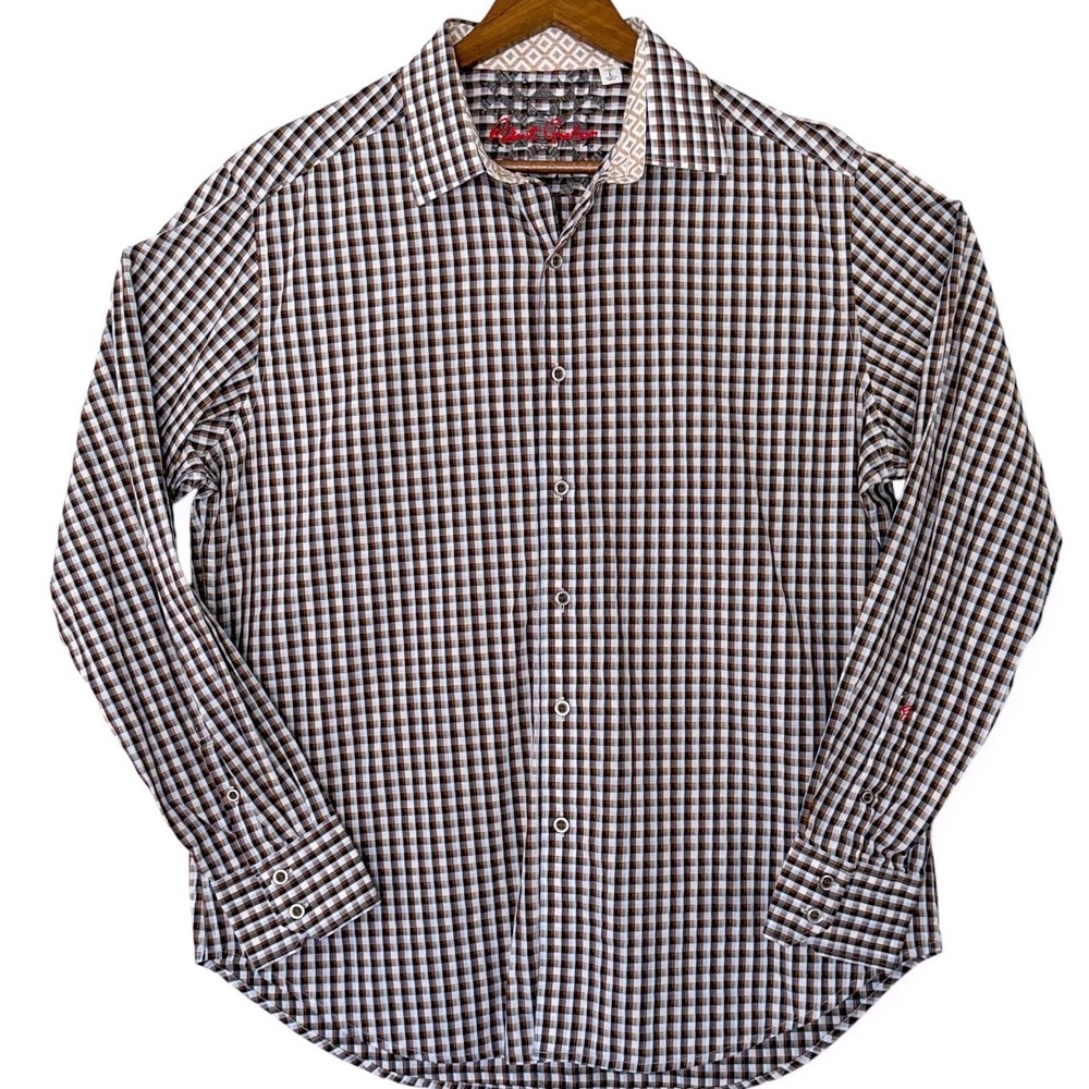Robert Graham Mens Classic Fit Gingham Button Down Shirt Brown Navy White Large